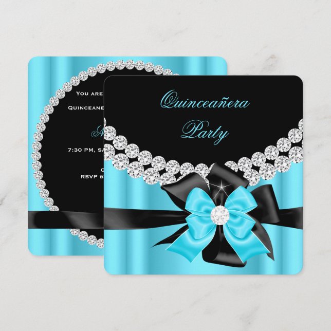 Quinceanera 15:e Blå Silver Svart Båge Diamanter 2 Inbjudningar (Fram/baksida)