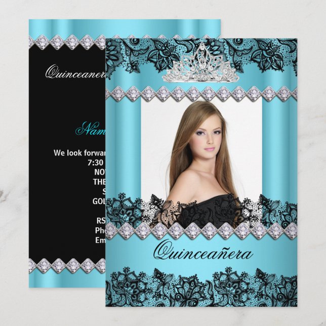 Quinceanera 15:e Blå Svart Vitt Spets Foto Inbjudningar (Fram/baksida)