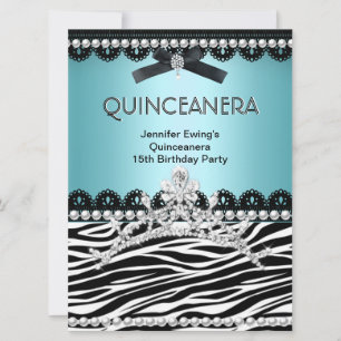 Quinceanera 15:e Blå Teal Svart Zebra Tiara Inbjudningar