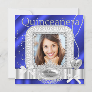 Quinceanera 15:e Blå Vitt Spets Pärl Foto Inbjudningar