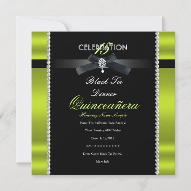 Quinceanera 15:e Black Tie Lime Green Black Party Inbjudningar (Framsida)