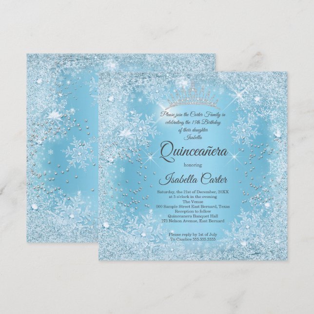 Quinceanera 15:e blåsnöflingans vinterdag inbjudningar (Fram/baksida)