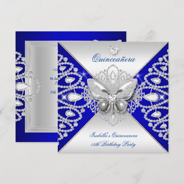 Quinceanera 15:e Blue Silver Butterfly Tiara Inbjudningar (Fram/baksida)