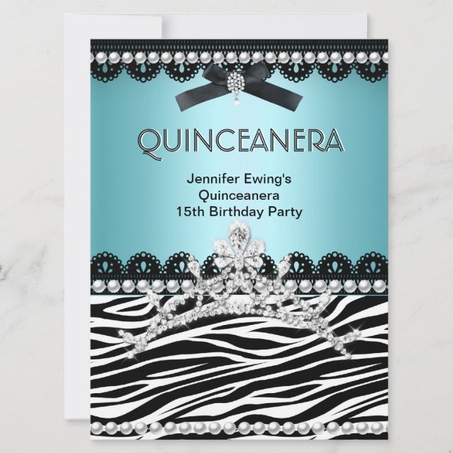 Quinceanera 15:e Blue Teal Black Zebra Tiara Inbjudningar (Framsida)