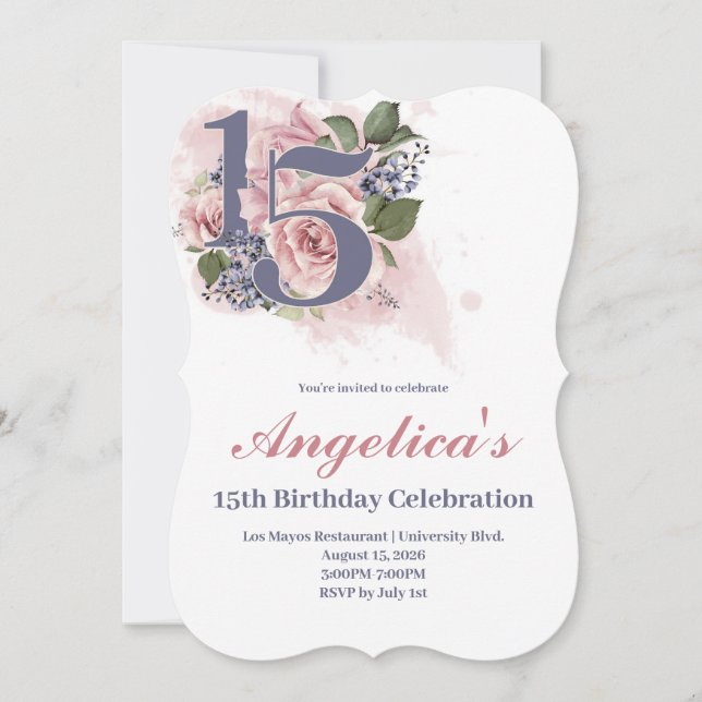 Quinceañera 15:e Chic Blommig Inbjudan (Framsida)