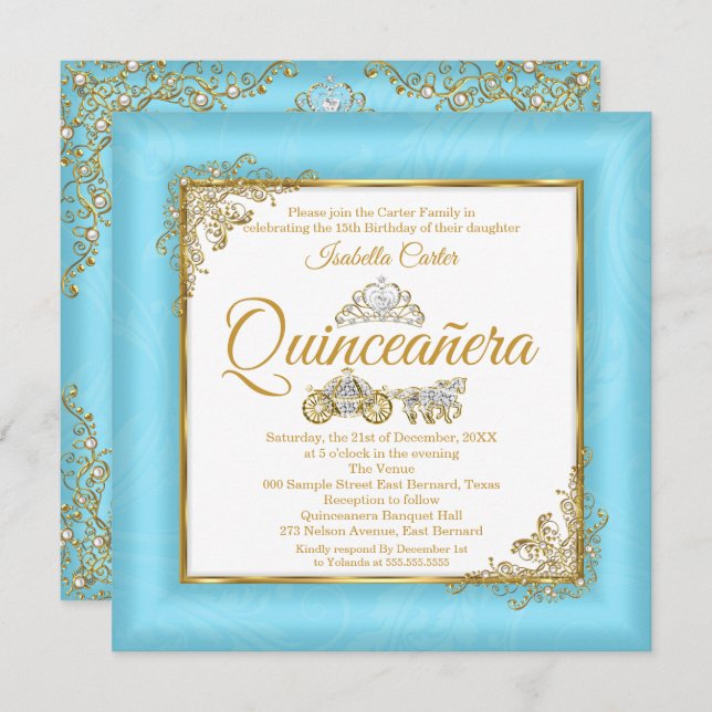 Quinceanera 15:e Cinderella Blue Pearl Tiara Photo Inbjudningar (Fram/baksida)