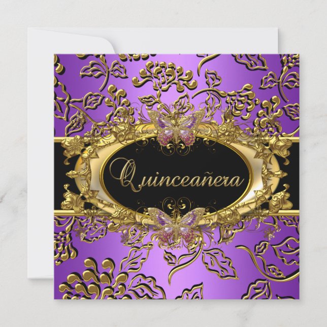 Quinceanera 15:e Damask Lila Guld Svart Inbjudningar (Framsida)