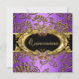 Quinceanera 15:e Damask Lila Guld Svart Inbjudningar