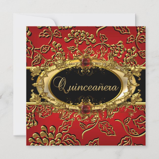 Quinceanera 15:e Damask Red Guld Black Inbjudningar (Framsida)