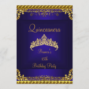 Quinceanera 15:e djupblå guld diamant tiara inbjudningar