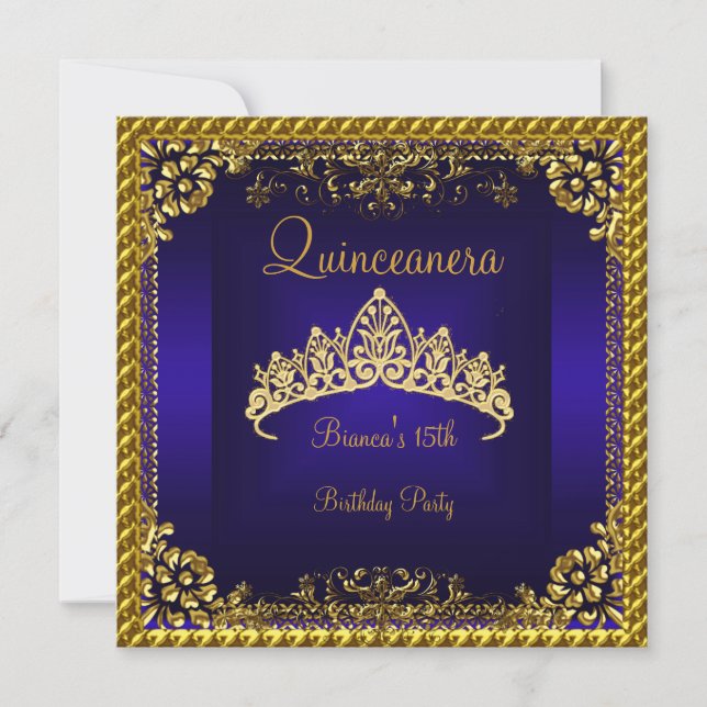 Quinceanera 15:e djupblå gulddiamanttiara inbjudningar (Framsida)