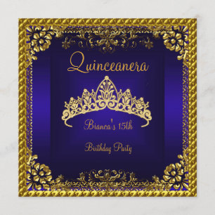 Quinceanera 15:e djupblå gulddiamanttiara inbjudningar