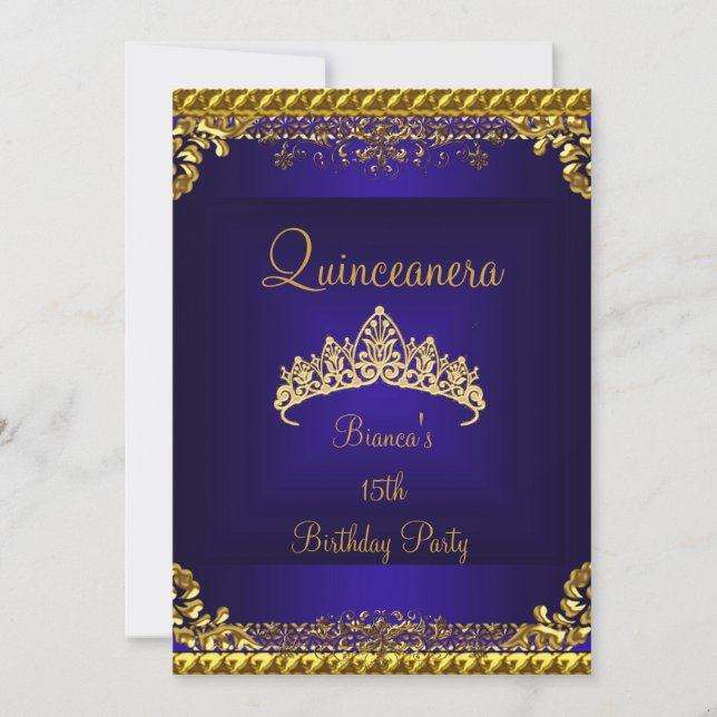 Quinceanera 15:e djupblått Guld Diamond Tiara Inbjudningar (Framsida)