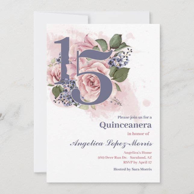 Quinceañera 15:e Elegant Blommig Inbjudningar (Framsida)