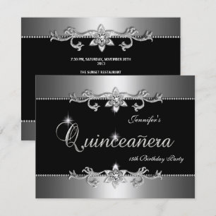 Quinceanera 15:e Elegant Svart Silver Smycke Fest Inbjudningar