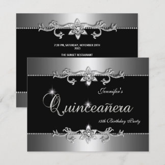 Quinceanera 15:e Elegant Svart Silver Smycke Fest Inbjudningar