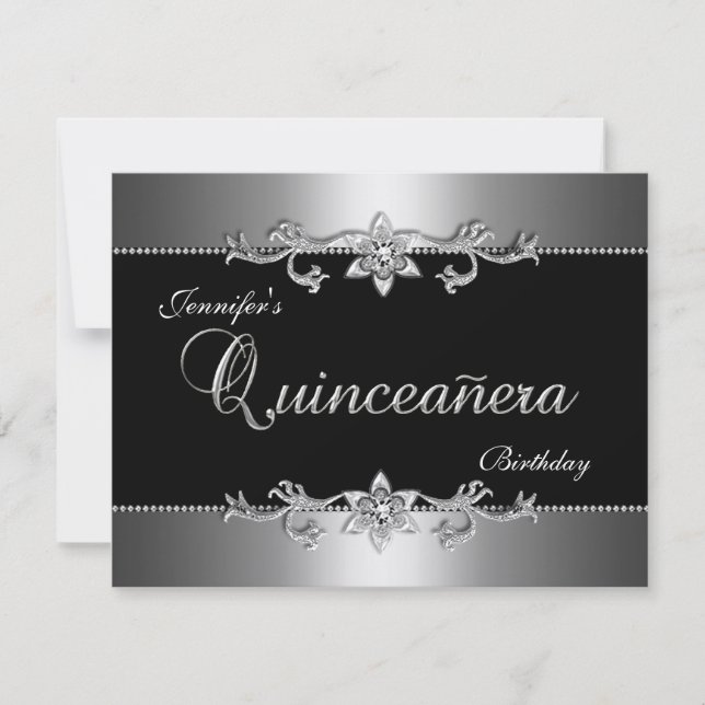Quinceanera 15:e Eleganten Black Silver Jewel Part Inbjudningar (Framsida)