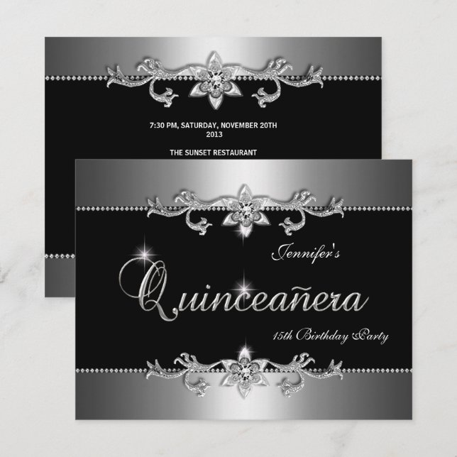 Quinceanera 15:e Eleganten Black Silver Jewel Part Inbjudningar (Fram/baksida)