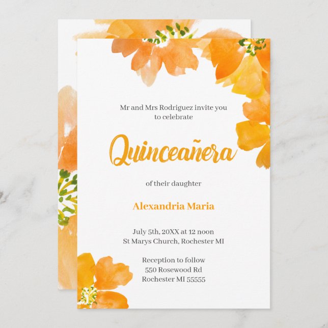 Quinceanera 15:e födelsedag Blommigt Inbjudningar (Fram/baksida)