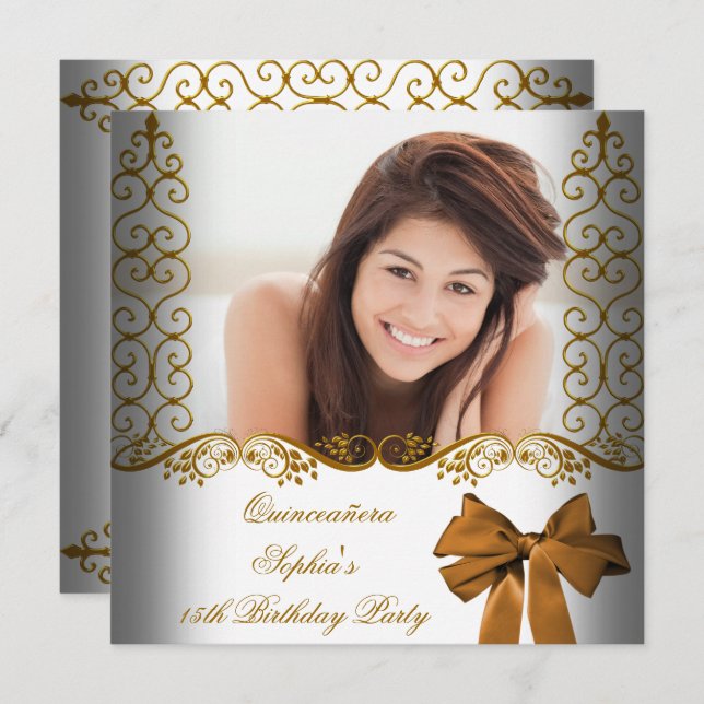 Quinceanera 15:e födelsedag Guld White Snöre Photo Inbjudningar (Fram/baksida)