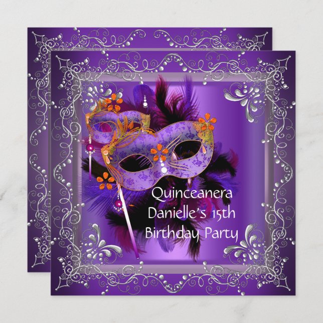 Quinceanera 15:e födelsedag Lila av maskmask Inbjudningar (Fram/baksida)