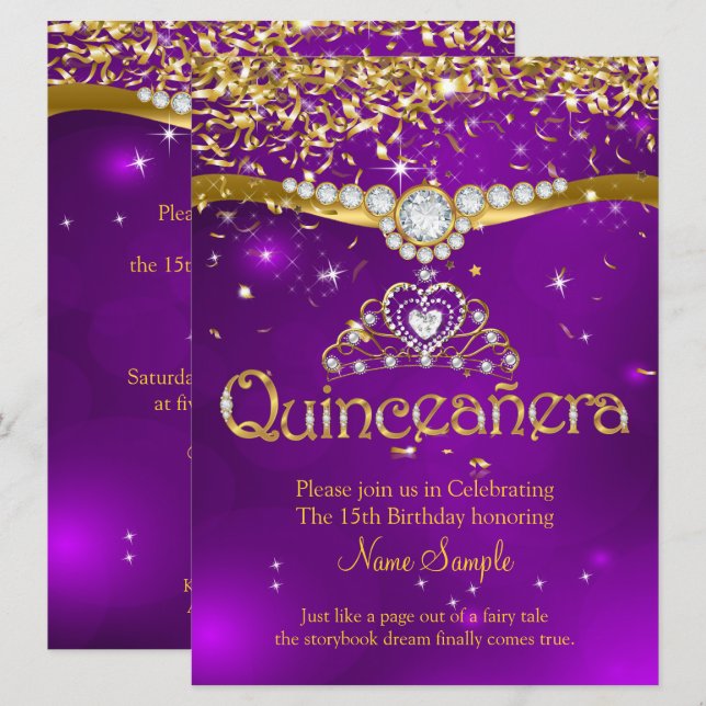 Quinceanera 15:e födelsedag Lila Confetti Guld Inbjudningar (Fram/baksida)