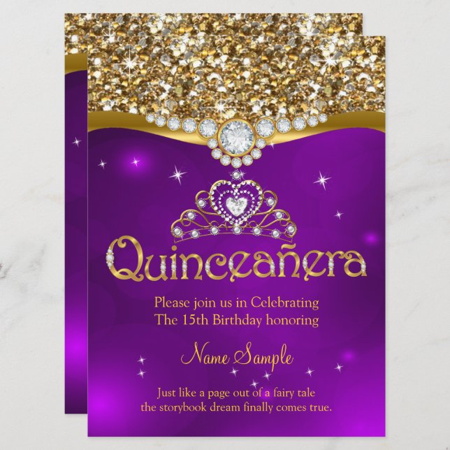 Quinceanera 15:e födelsedag Lila Glitter Guld Inbjudningar (Fram/baksida)