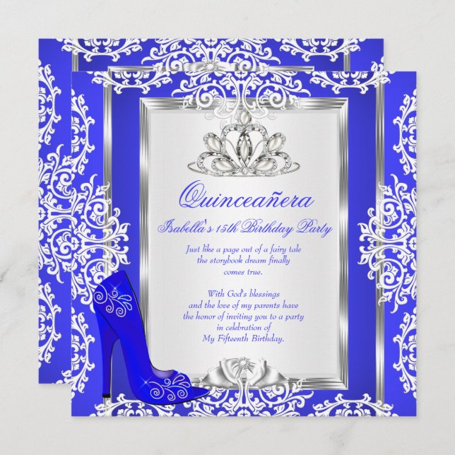 Quinceanera 15:e födelsedag Magic Royal Blue Shoe Inbjudningar (Fram/baksida)