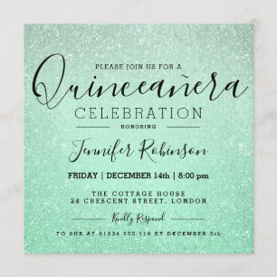 Quinceanera 15:e födelsedag Mint Glitter Titta fär Inbjudningar