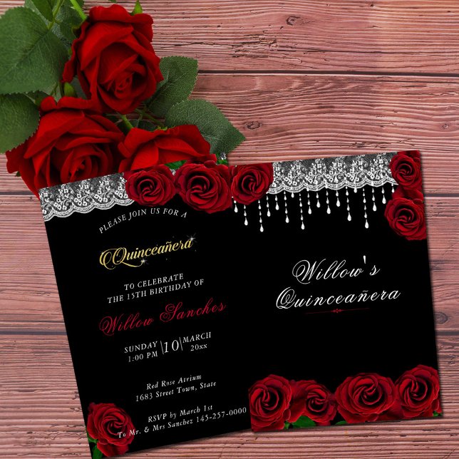 Quinceanera 15:e födelsedag Röd ros White Snöre Inbjudningar (Red Roses Quinceanera Invitation)