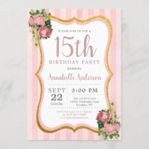 Quinceanera 15:e födelsedag Rosa Blommigt Guld Gli