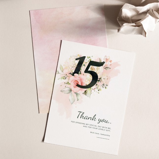 Quinceanera 15:e födelsedag Rosa Blommigt Tack Kort (Floral Quinceanera 15th Birthday Party Thank You Card)