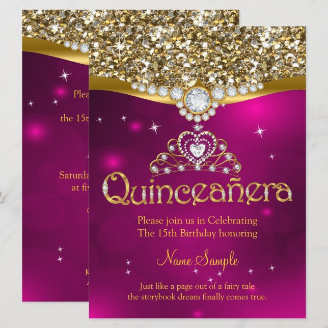 Quinceanera 15:e födelsedag Rosa Glitter Guld Inbjudningar (Fram/baksida)