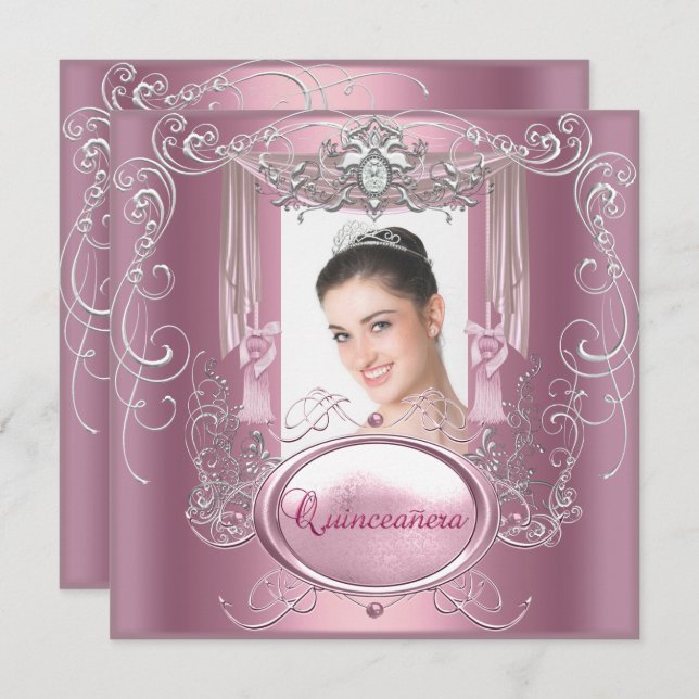 Quinceanera 15:e födelsedag Rosa Silver Star Inbjudningar (Fram/baksida)