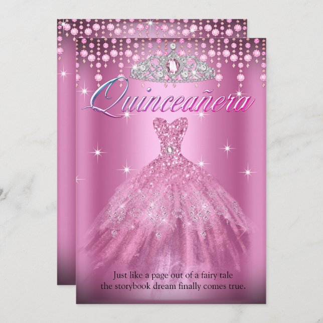 Quinceanera 15:e födelsedag Söt Rosa Dress Tiara Inbjudningar (Fram/baksida)