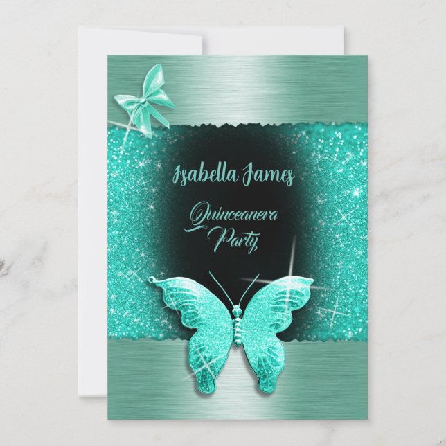 Quinceañera 15:e födelsedag, svart turkospolfolie inbjudningar (Framsida)