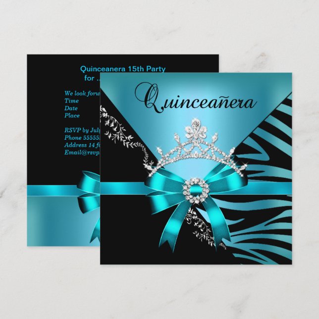 Quinceanera 15:e födelsedag Zebra Blue Black Tiara Inbjudningar (Fram/baksida)