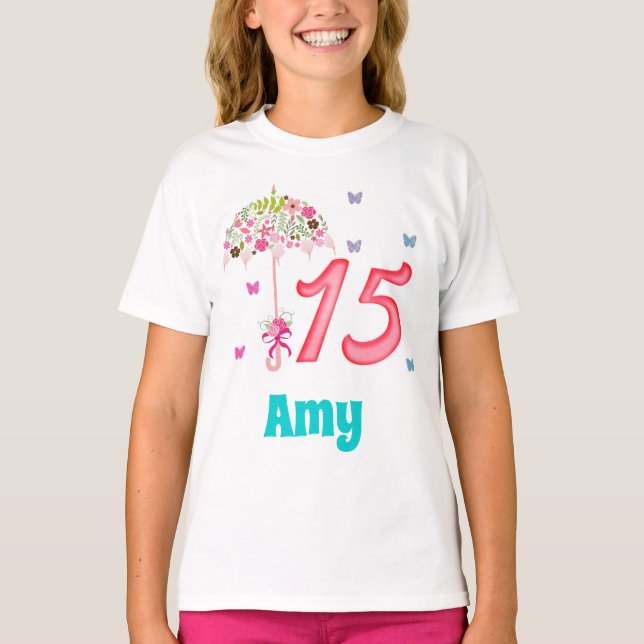 Quinceanera 15:e födelsedagen 15 år gammal Anpassn T Shirt (Framsida)