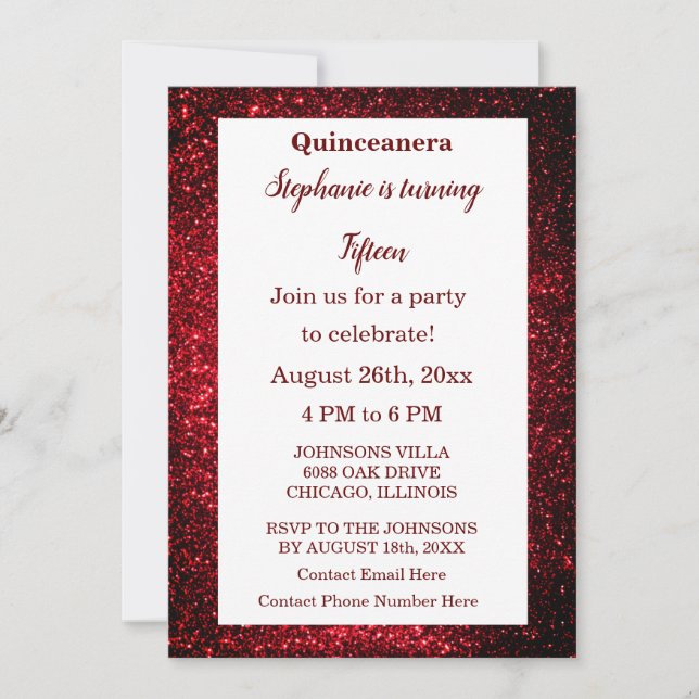 Quinceanera 15:e födelsedagen Burgundy Red Glitter Inbjudningar (Framsida)