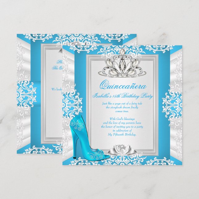 Quinceanera 15:e födelsedagen Cinderella Blue Heel Inbjudningar (Fram/baksida)