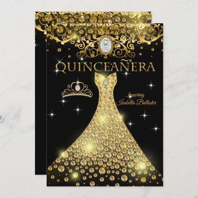 Quinceanera 15:e födelsedagen Guld Black Tiara Inbjudningar (Fram/baksida)