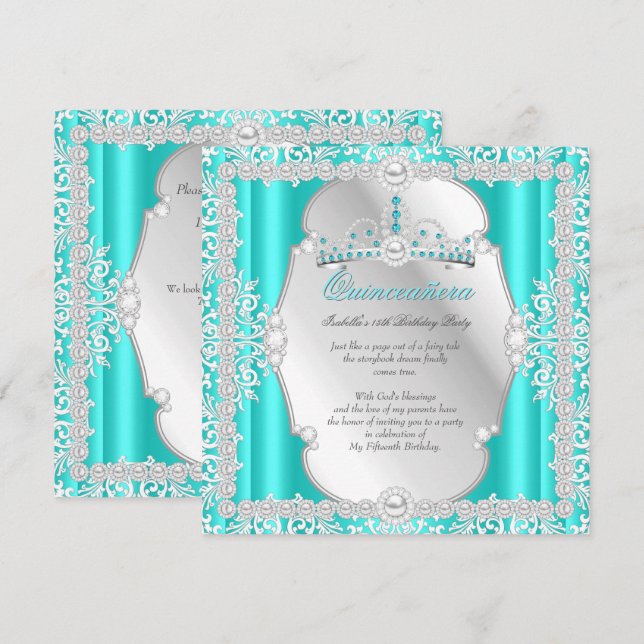 Quinceanera 15:e födelsedagen Pearl Teal Silver Inbjudningar (Fram/baksida)