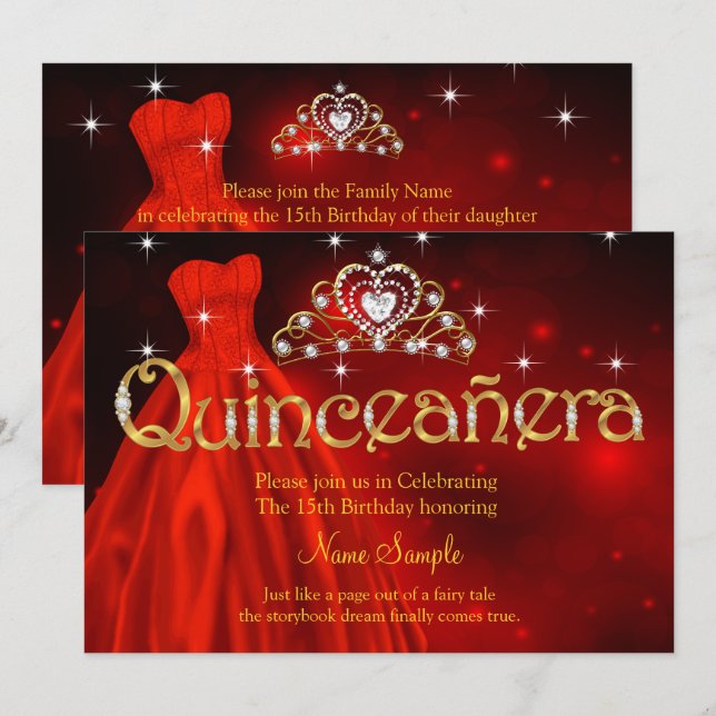 Quinceanera 15:e födelsedagen Regal Red Dress Tiar Inbjudningar (Fram/baksida)