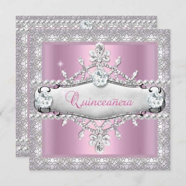 Quinceanera 15:e födelsedagen Rosa Diamond Tiara Inbjudningar (Fram/baksida)