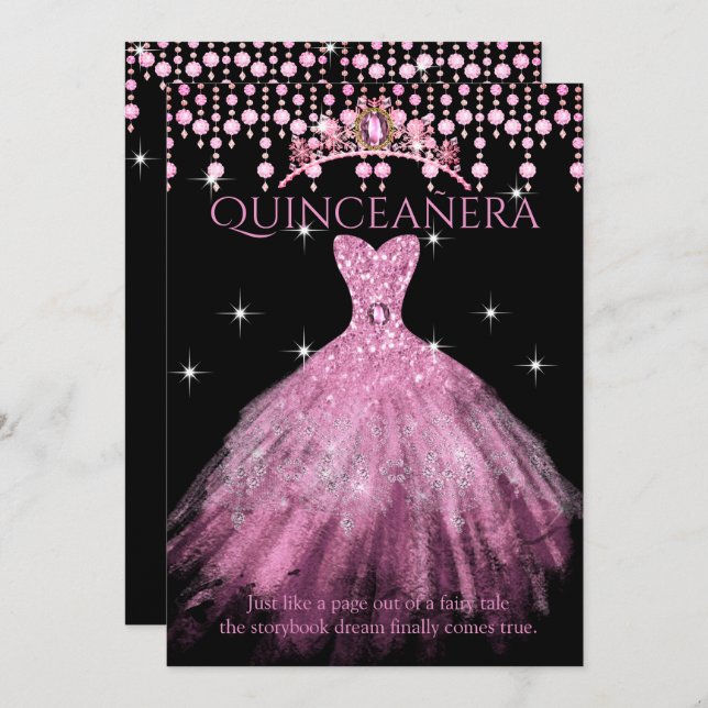 Quinceanera 15:e födelsedagen  Rosa Dress Tiara Inbjudningar (Fram/baksida)