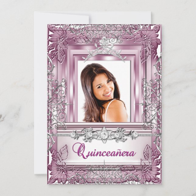 Quinceañera 15:e födelsedagen Rosa Silver Tiara Inbjudningar (Framsida)
