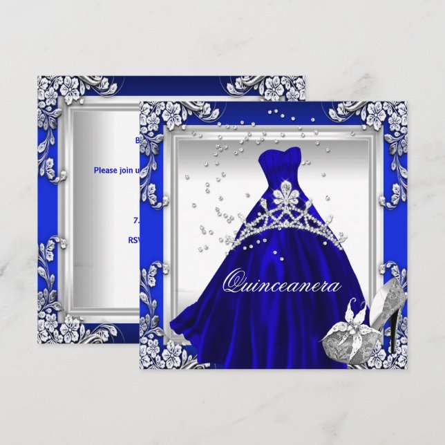Quinceanera 15:e födelsedagen Royal Blue Dress Gow Inbjudningar (Fram/baksida)