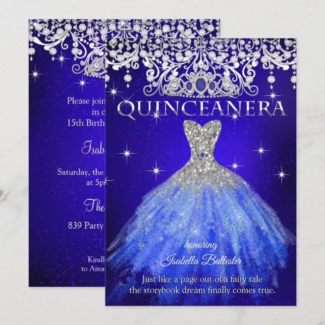 Quinceanera 15:e födelsedagen Royal Blue Tiara Inbjudningar (Fram/baksida)