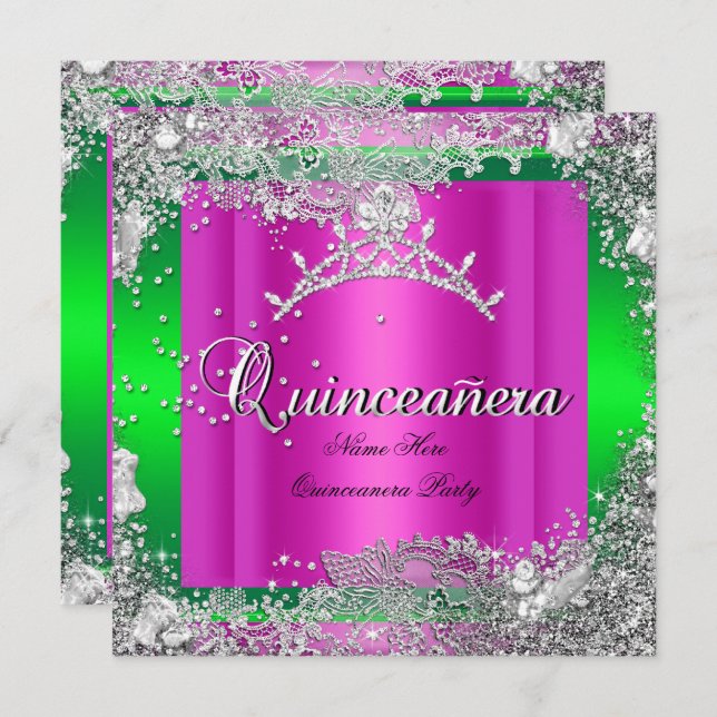 Quinceanera 15:e födelsedagen Shock rosa Lime Tiar Inbjudningar (Fram/baksida)