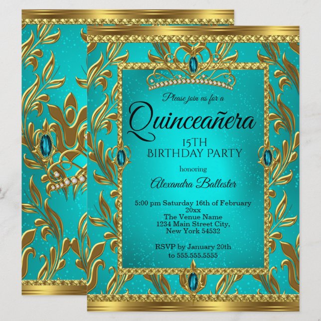 Quinceanera 15:e födelsedagen Teal Blue Tiara Guld Inbjudningar (Fram/baksida)